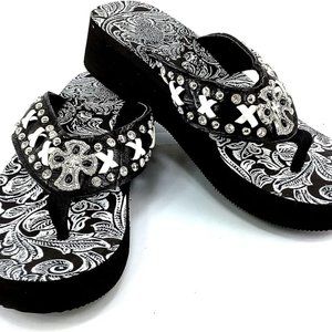 Western Peak White Lace Full Rhinestones Cross Concho Diamond Sandals